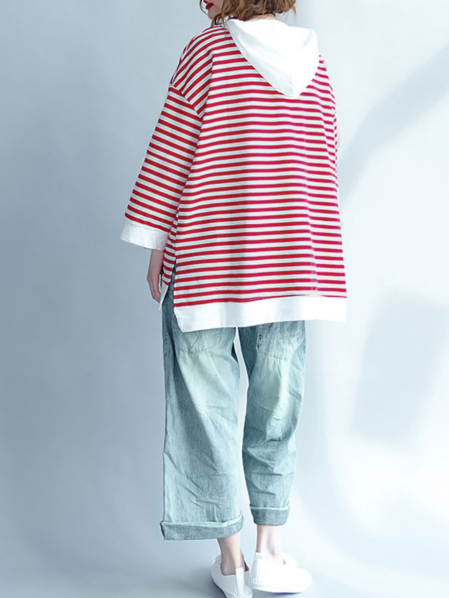 Chemise à capuche rouge décontractée à rayures pour femmes