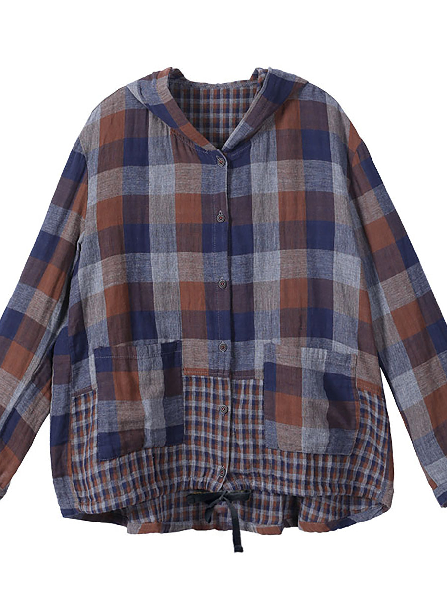 Loose Stitching Drawstring Cotton Linen Hooded Blouse Shirt