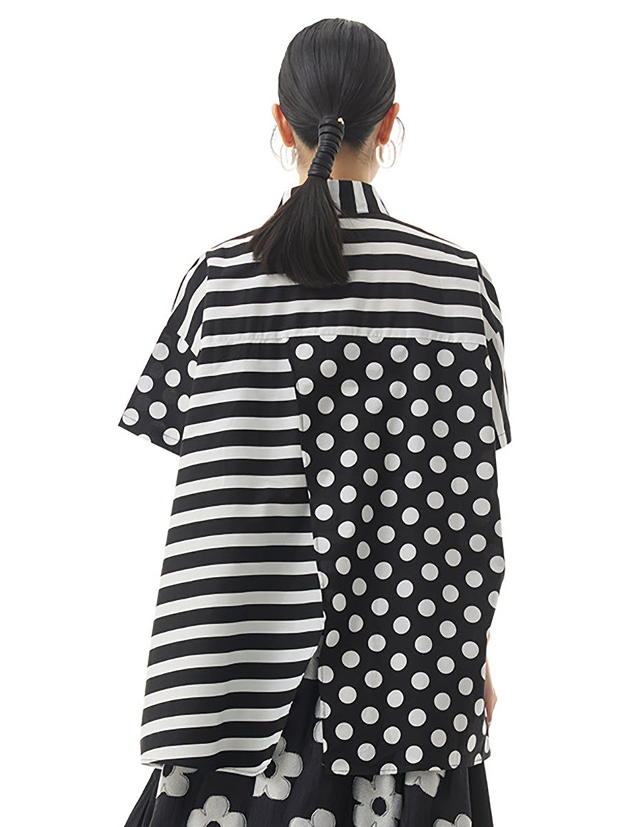 Chemise ample irrégulière à rayures et pois en coton pour femme