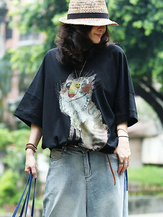 Maglietta casual larga con stampa animalier da donna
