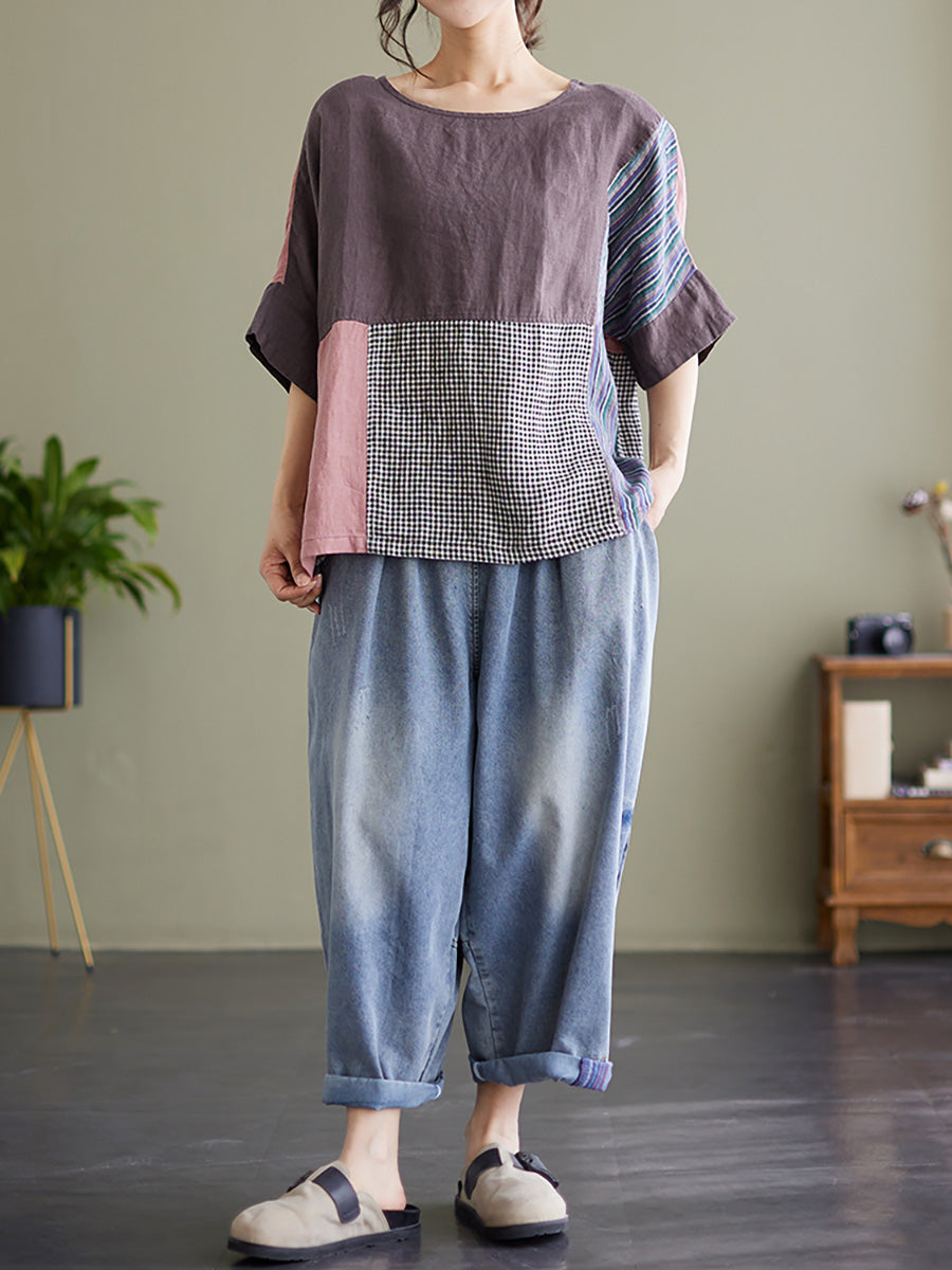 Camicia vintage a maniche corte da donna con patchwork