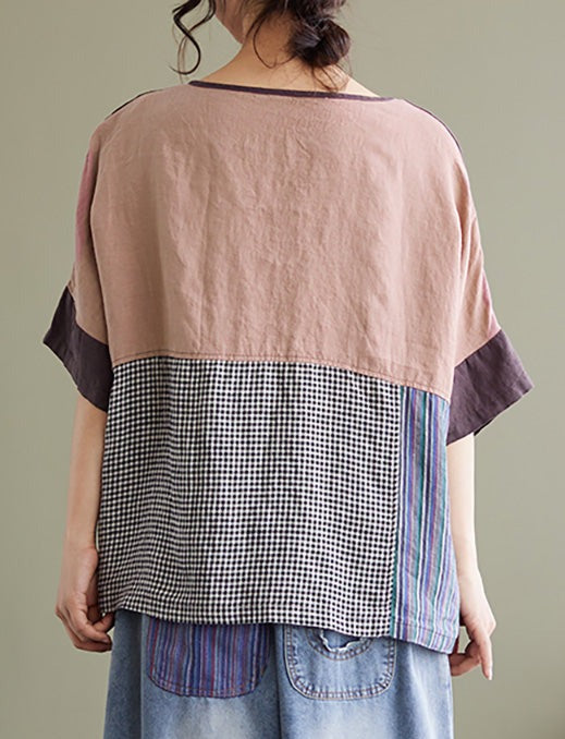 Camicia vintage a maniche corte da donna con patchwork