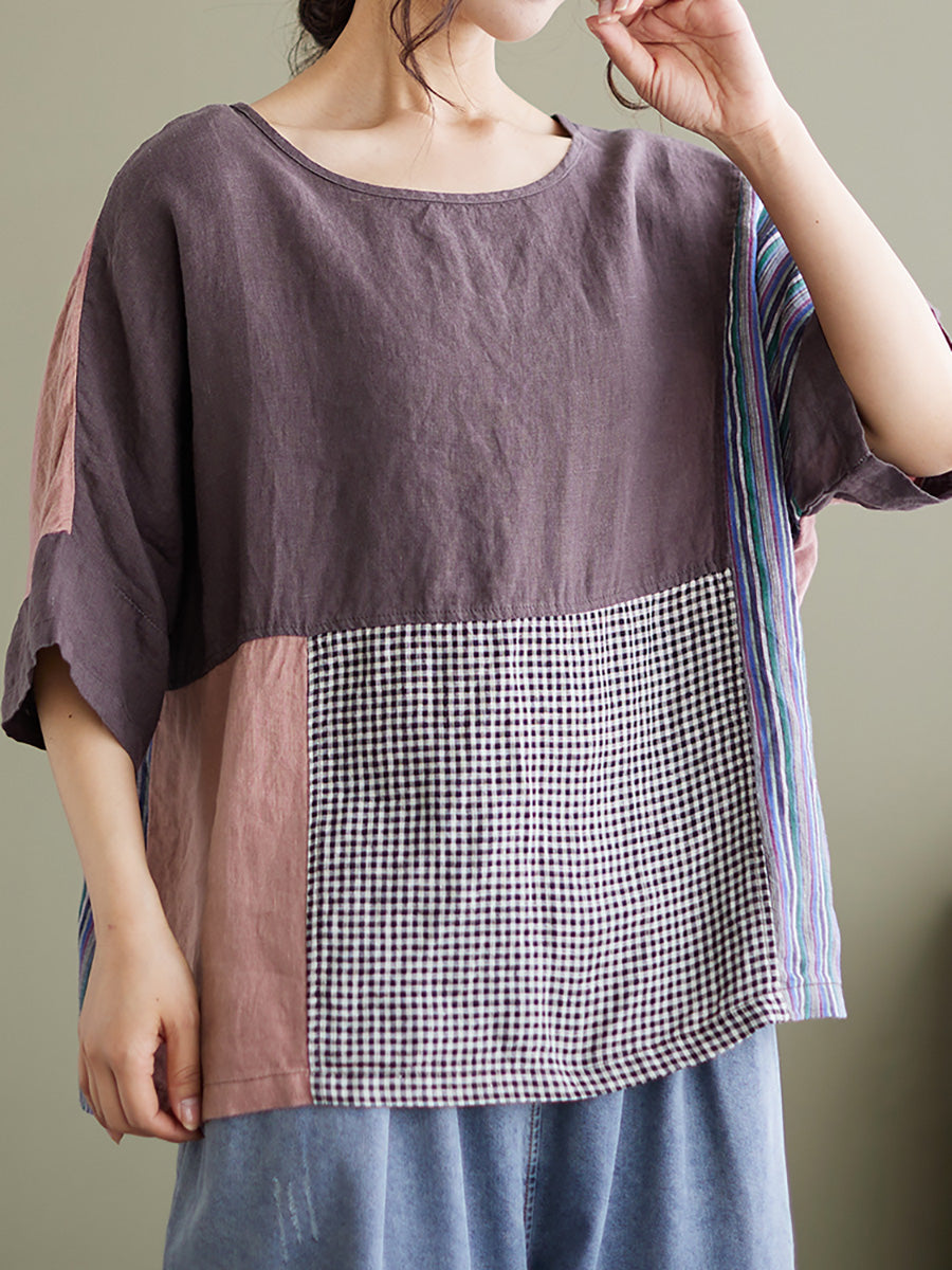 Camicia vintage a maniche corte da donna con patchwork
