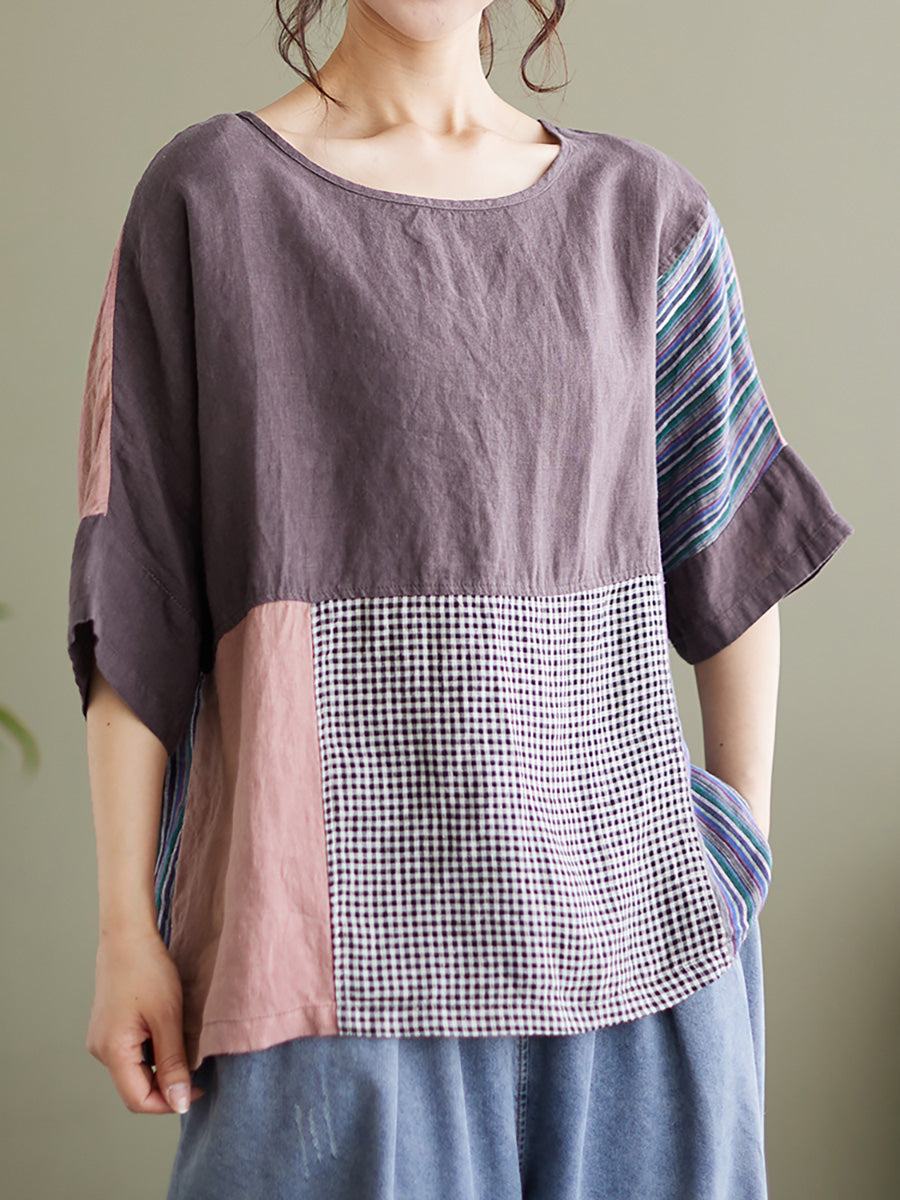 Camicia vintage a maniche corte da donna con patchwork
