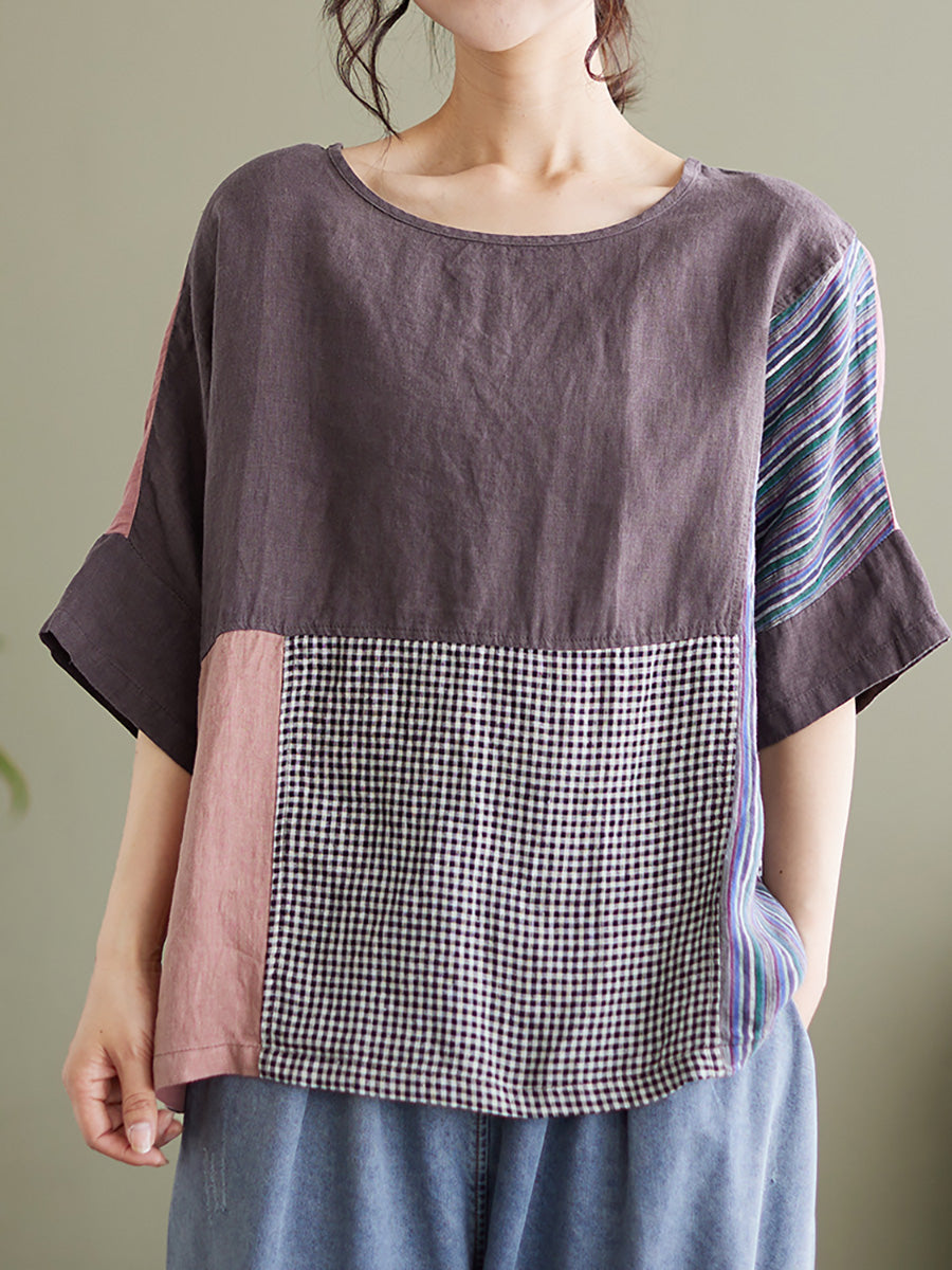 Camicia vintage a maniche corte da donna con patchwork