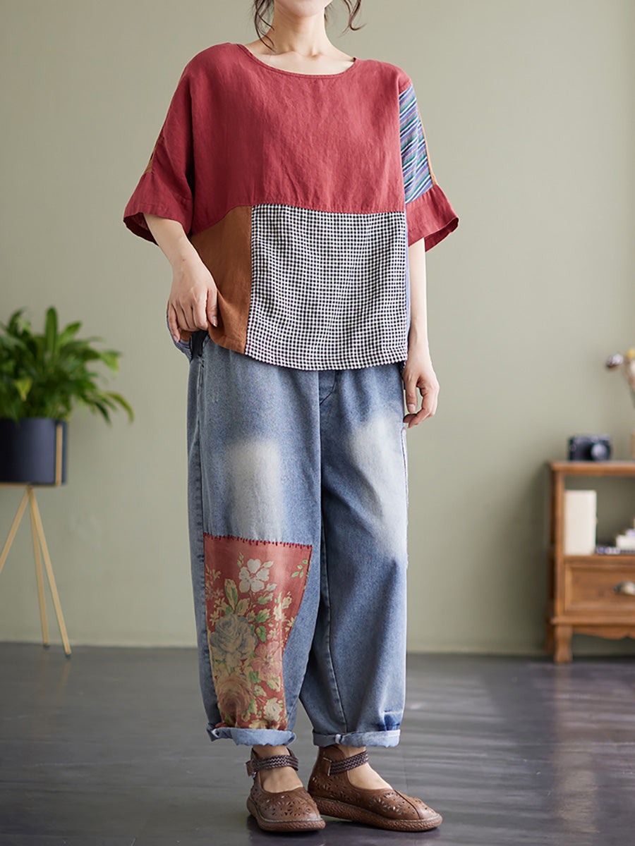Camicia vintage a maniche corte da donna con patchwork