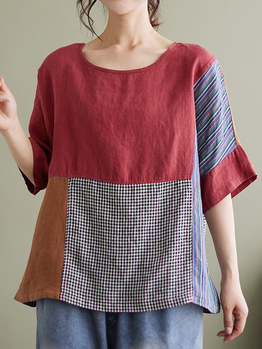 Camicia vintage a maniche corte da donna con patchwork