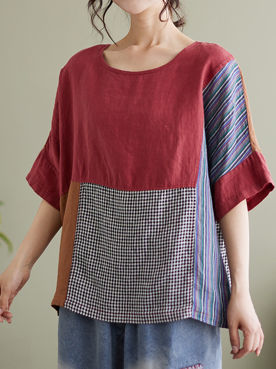 Camicia vintage a maniche corte da donna con patchwork