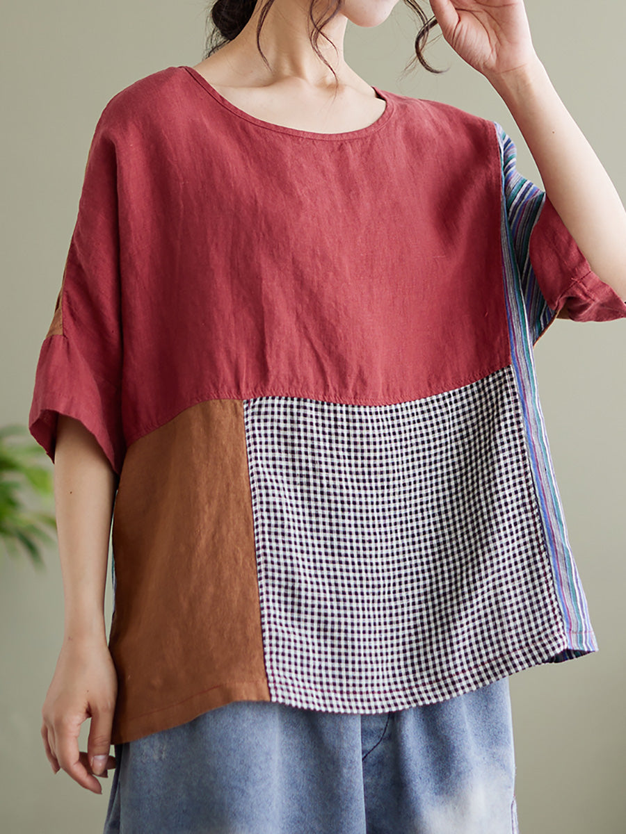 Camicia vintage a maniche corte da donna con patchwork