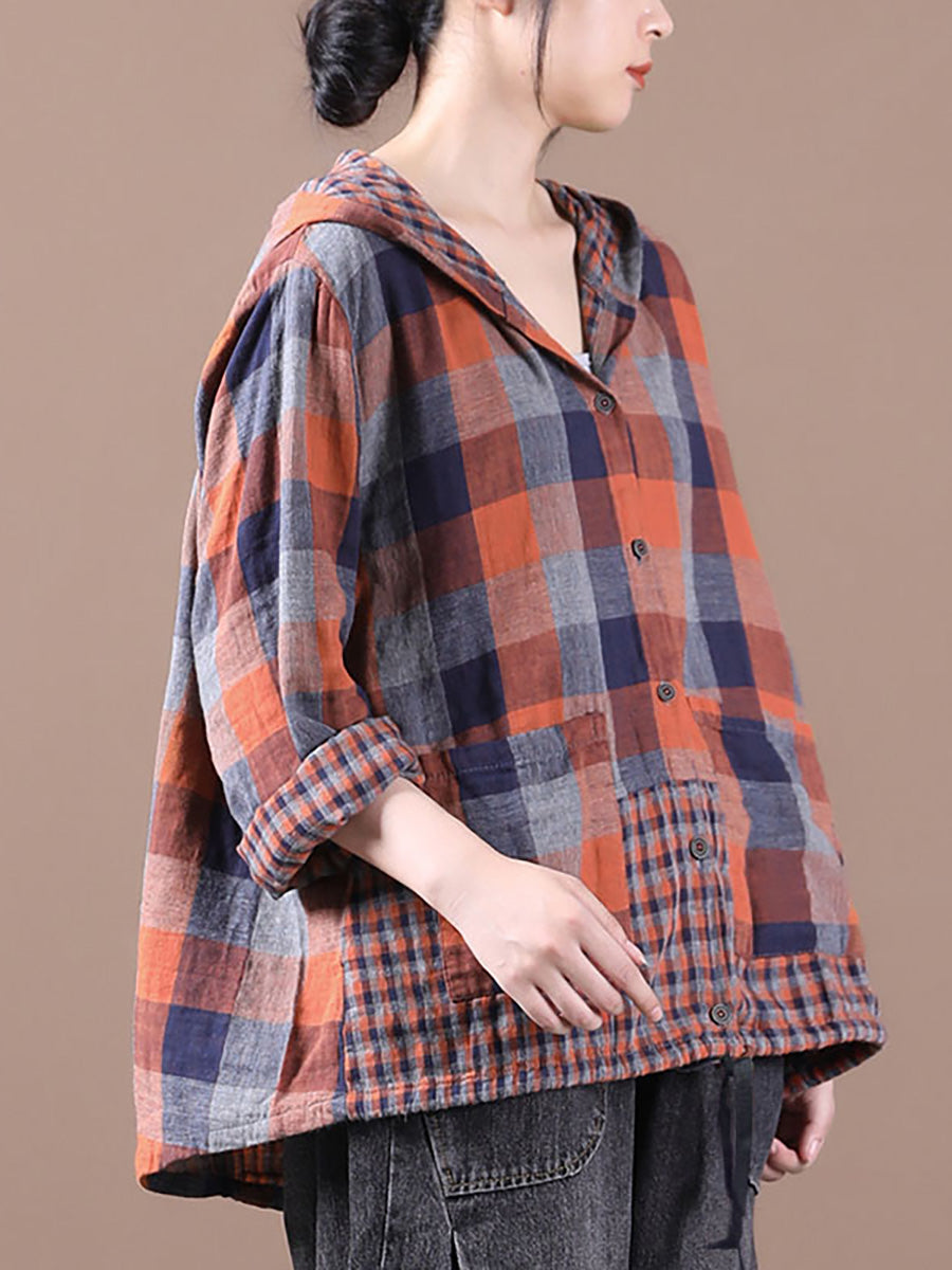 Loose Stitching Drawstring Cotton Linen Hooded Blouse Shirt