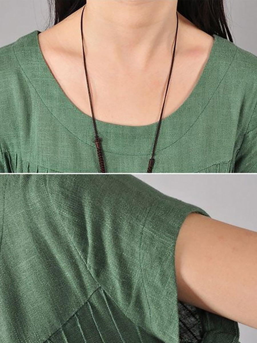 Women Cotton Linen Loose Fitting Dress in Green