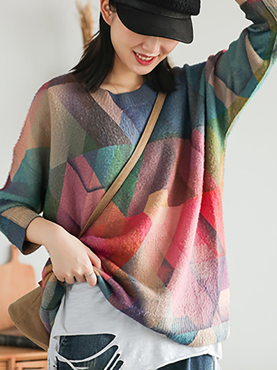 Maglione largo vintage da donna con geometria autunnale