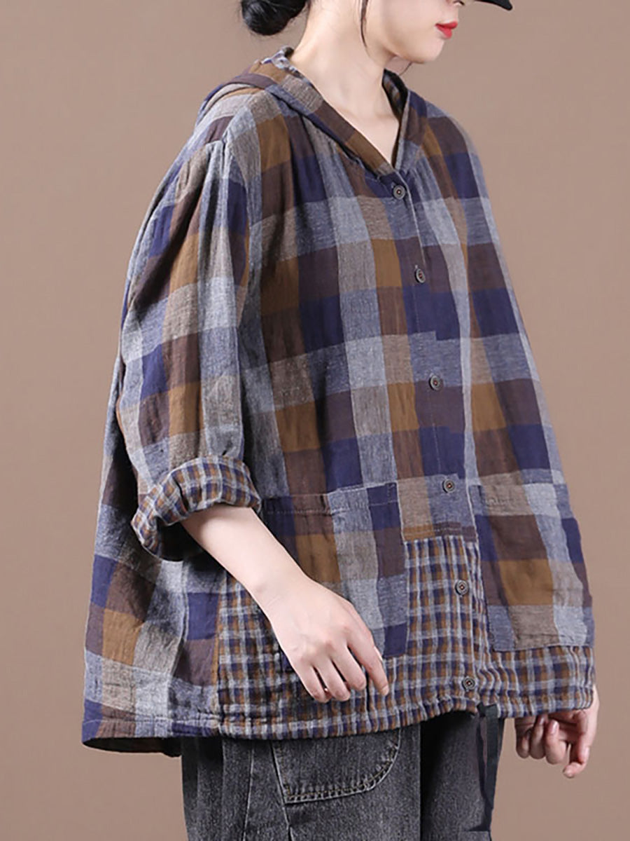 Loose Stitching Drawstring Cotton Linen Hooded Blouse Shirt