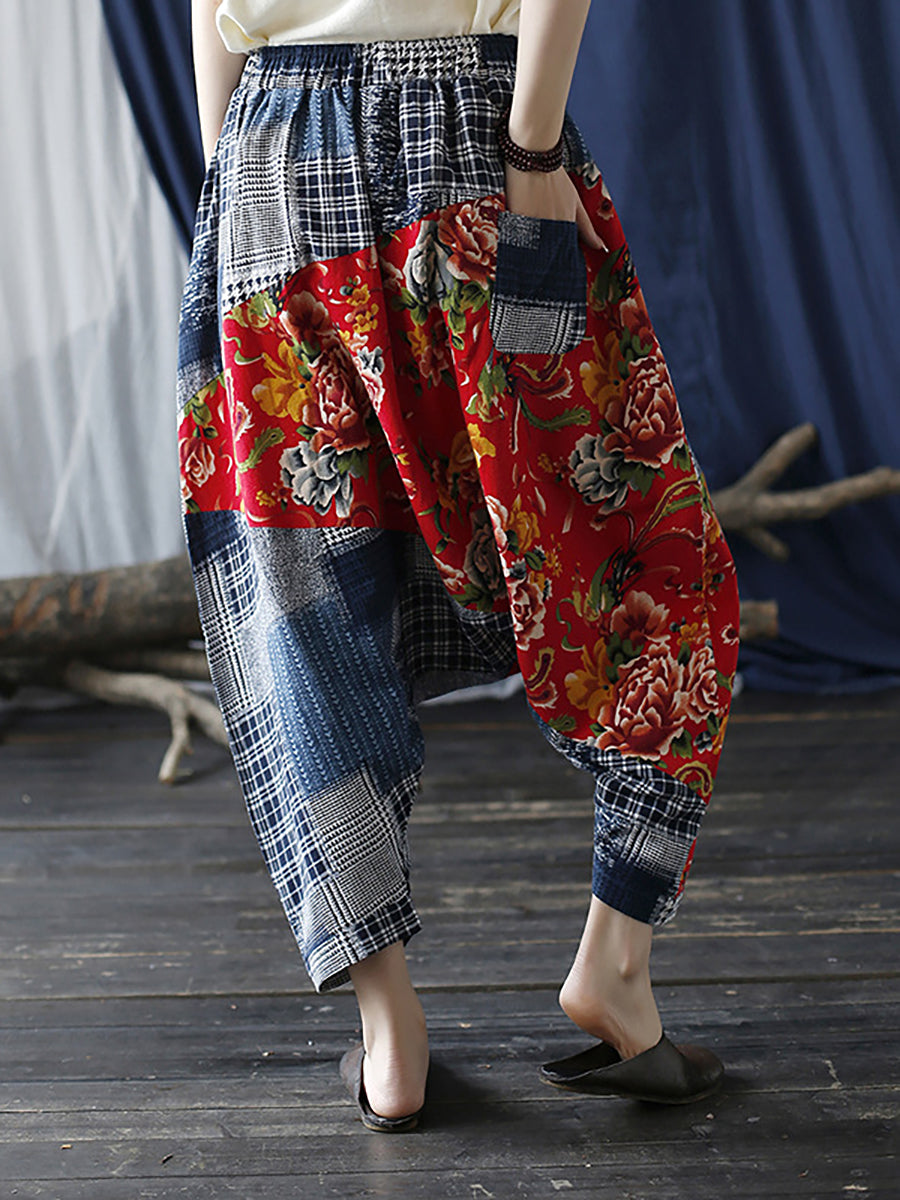 Pantalon décontracté à taille élastique pour femme à carreaux patchwork