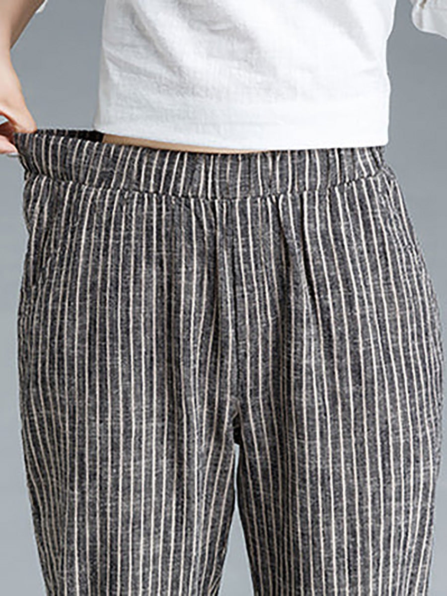 Pantaloni da donna in cotone e lino a righe
