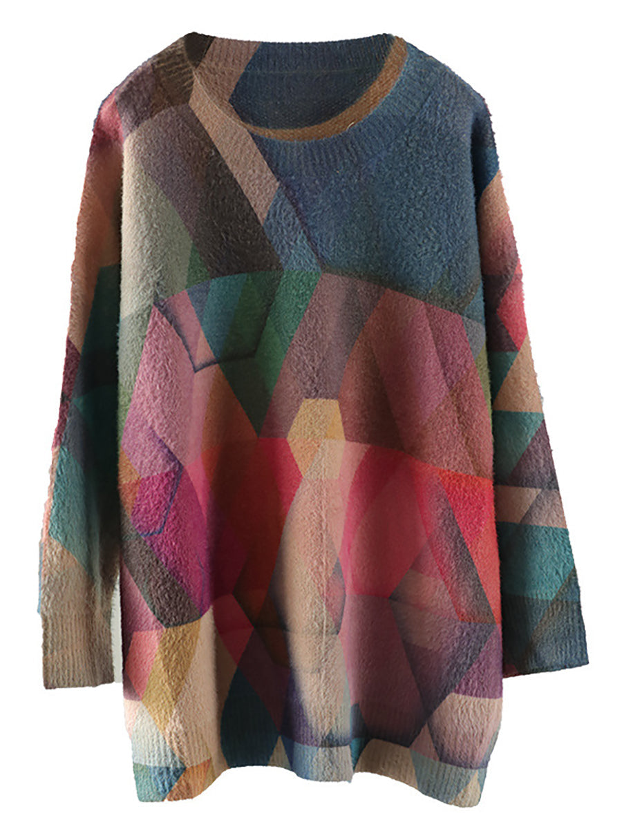Maglione largo vintage da donna con geometria autunnale