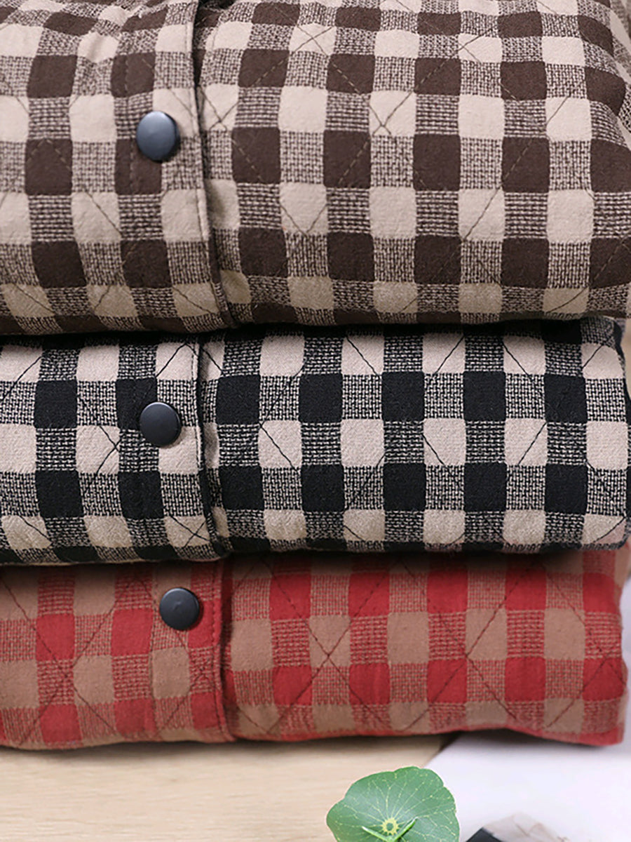 Cappotto imbottito con cappuccio colorblock a quadri in stile coreano da donna
