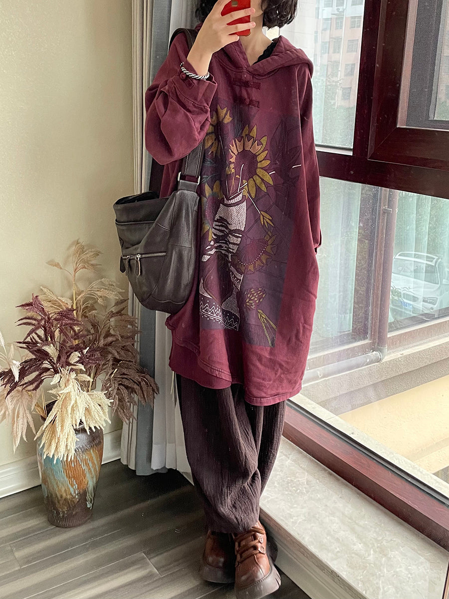 Felpa lunga con cappuccio e motivo floreale vintage da donna