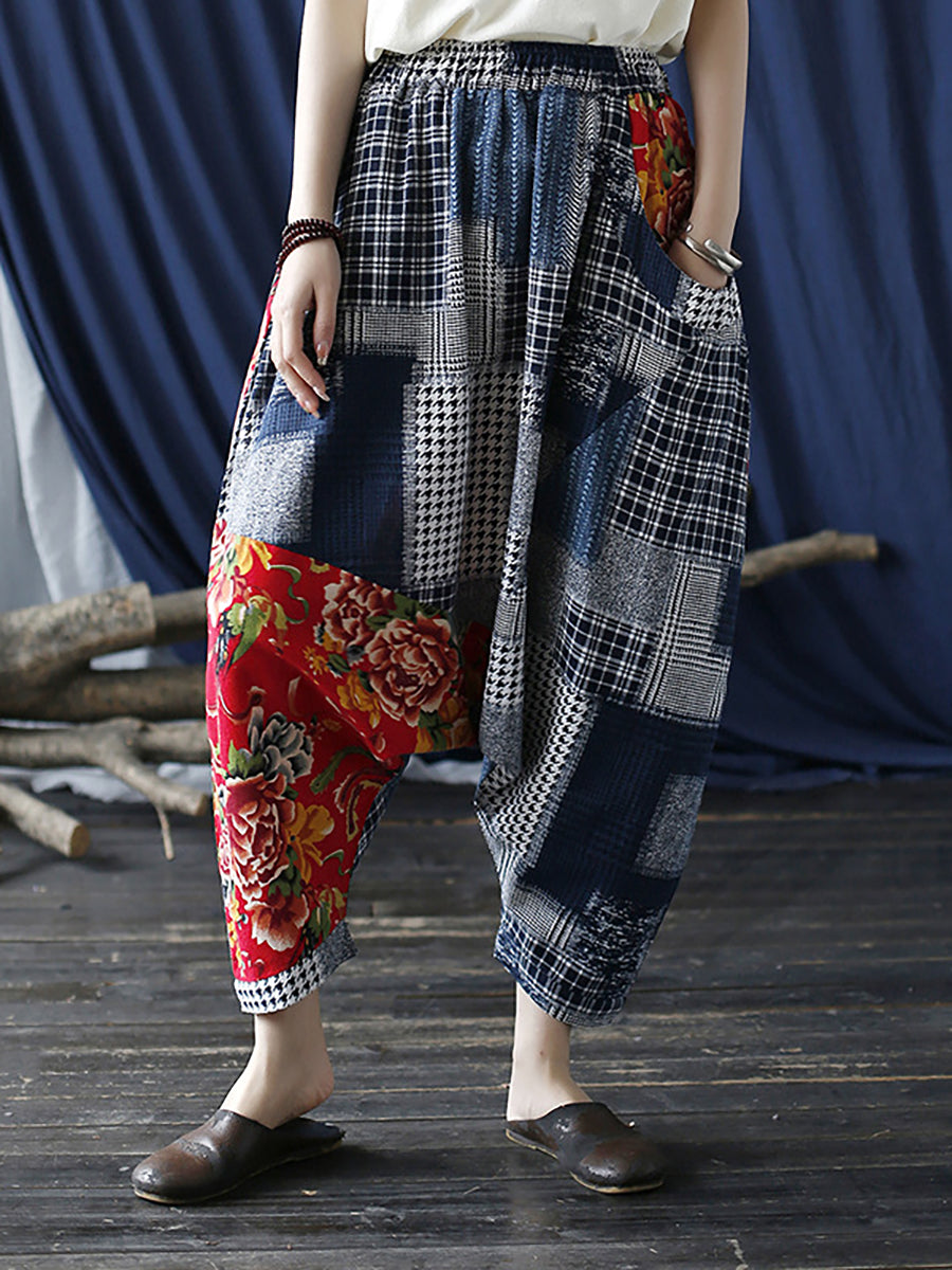 Pantalon décontracté à taille élastique pour femme à carreaux patchwork