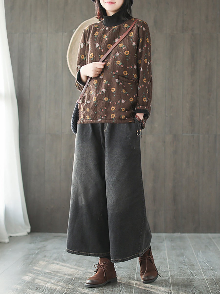 Camicia in cotone con collo a mezza altezza e fiore vintage