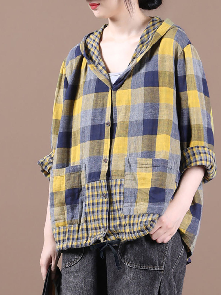 Loose Stitching Drawstring Cotton Linen Hooded Blouse Shirt