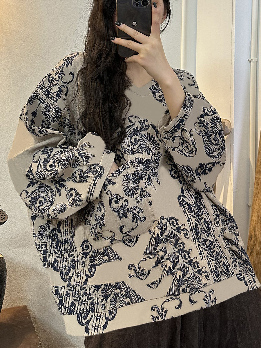 Camicia a maniche lunghe con scollo a V e stampa vintage da donna