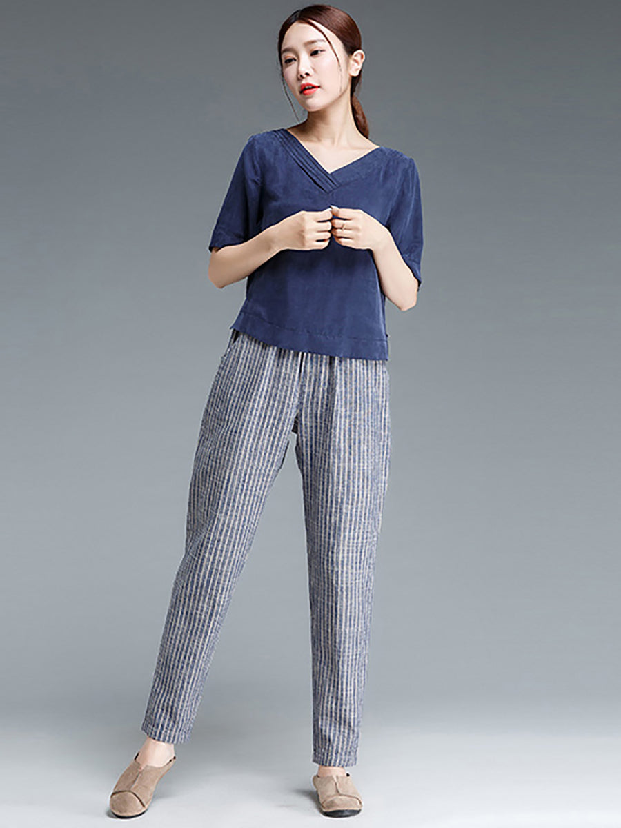 Pantaloni da donna in cotone e lino a righe