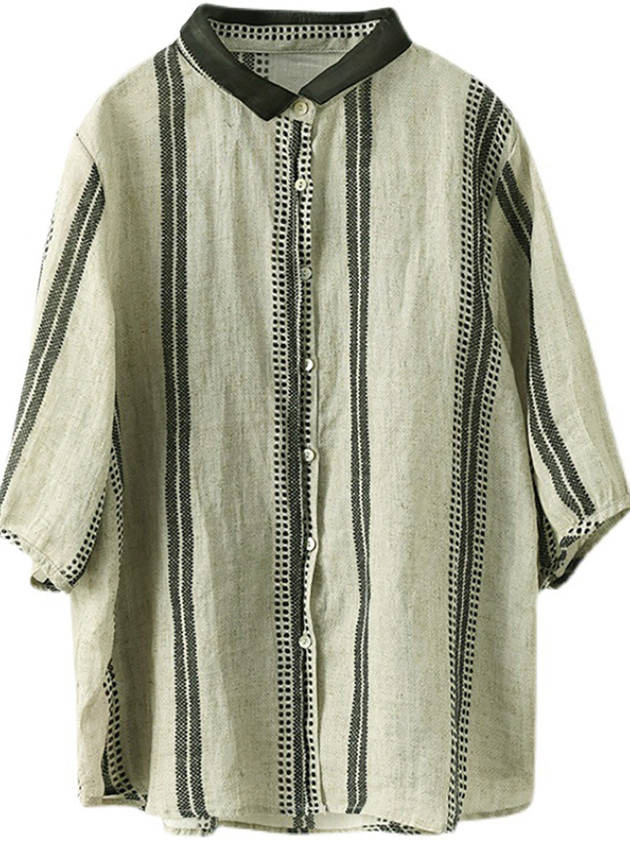 Chemise d'été décontractée à rayures vintage en ramie pour femme