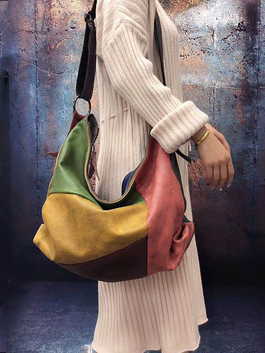 Buykud - Borsa a tracolla in pelle con colori a contrasto retrò