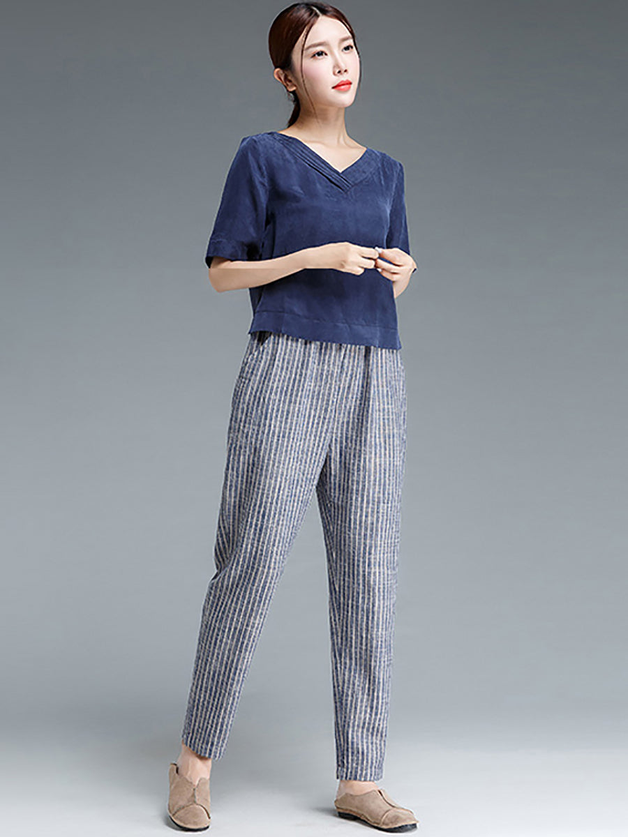 Pantaloni da donna in cotone e lino a righe