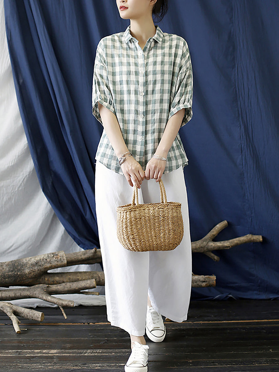 Camicia da donna vintage a quadri estivi in ​​lino