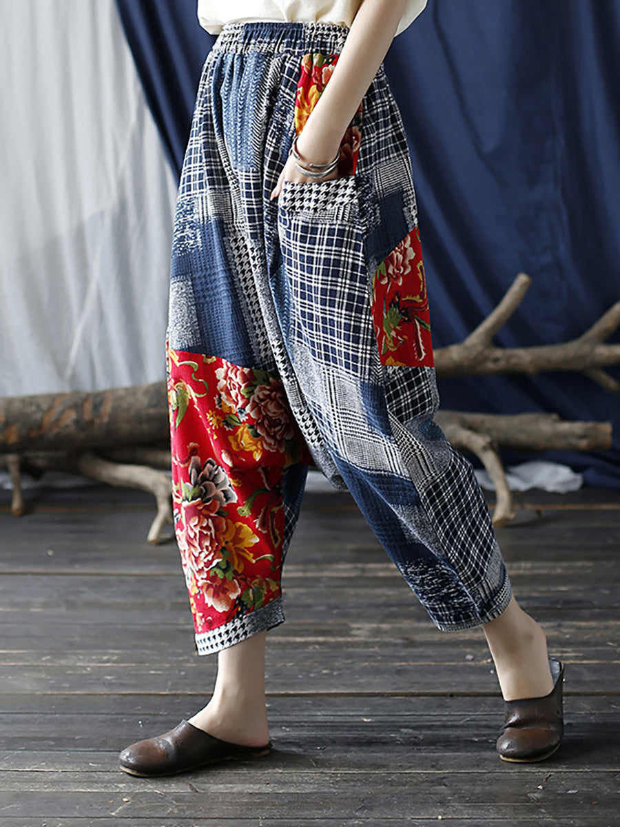 Pantalon décontracté à taille élastique pour femme à carreaux patchwork