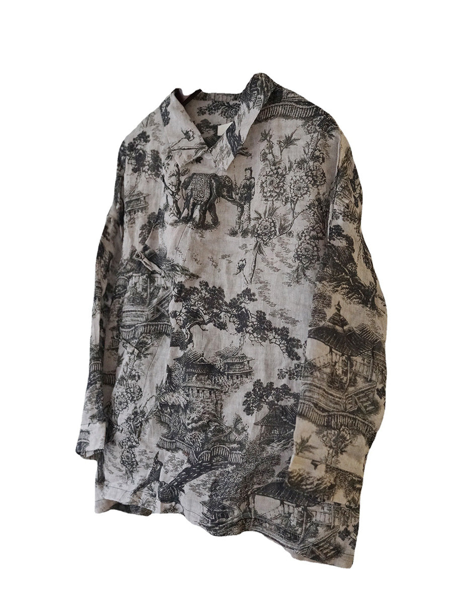 Camicia ampia da donna autunnale con motivo floreale vintage Ramie