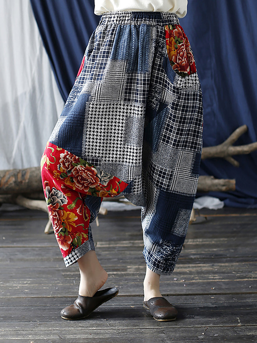 Pantalon décontracté à taille élastique pour femme à carreaux patchwork