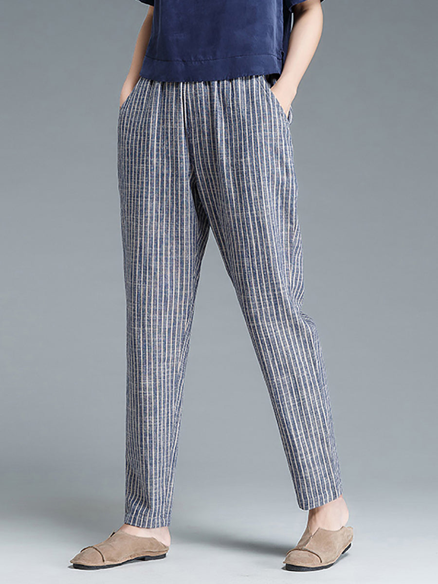 Pantaloni da donna in cotone e lino a righe