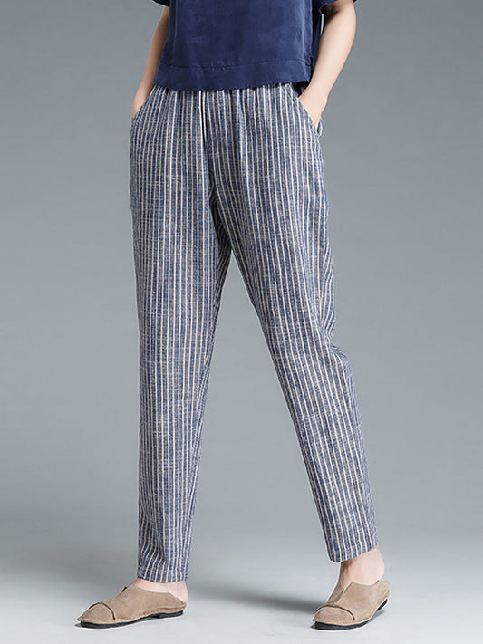 Pantaloni da donna in cotone e lino a righe