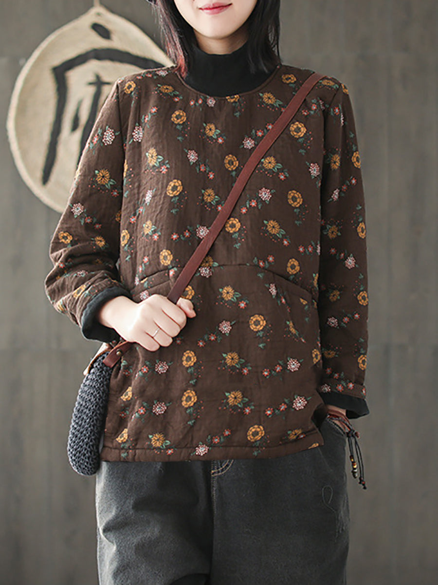 Camicia in cotone con collo a mezza altezza e fiore vintage