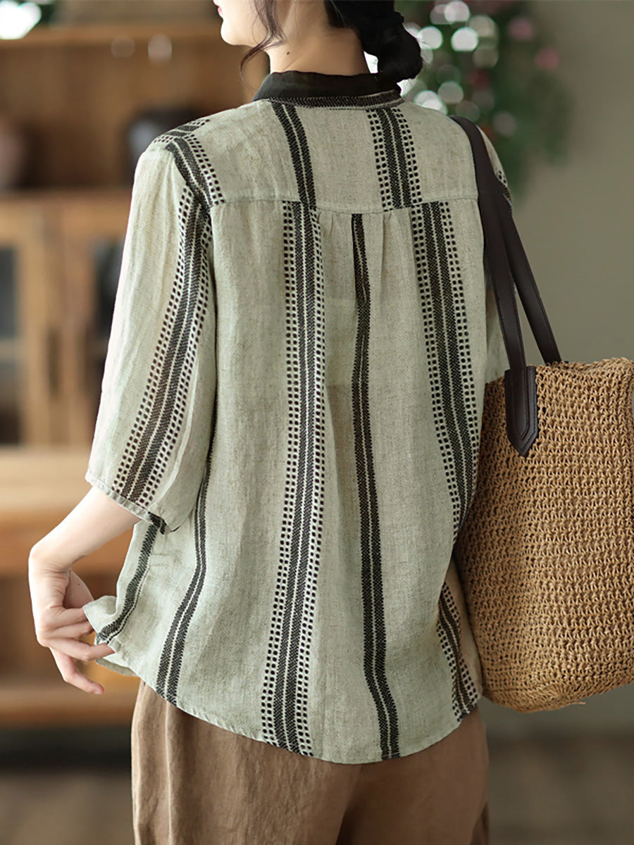 Chemise d'été décontractée à rayures vintage en ramie pour femme