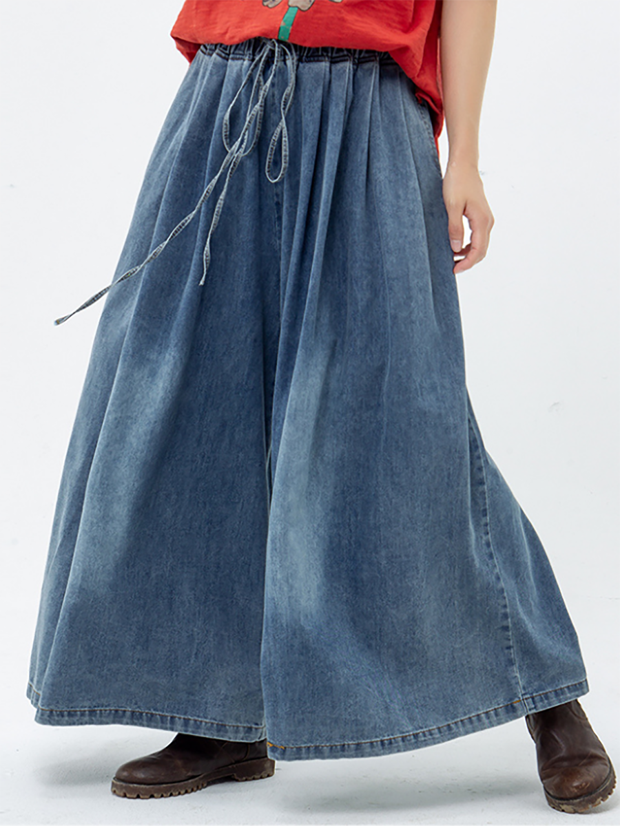 Pantalon large en denim bleu décontracté avec cordon de serrage