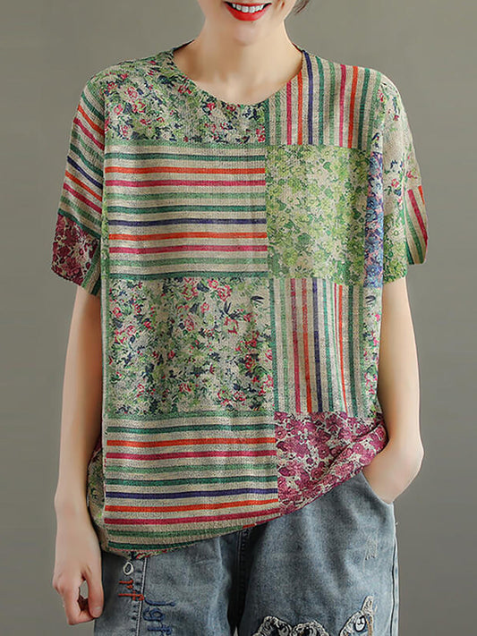Maglietta da donna in cotone con cuciture floreali lavorate a maglia