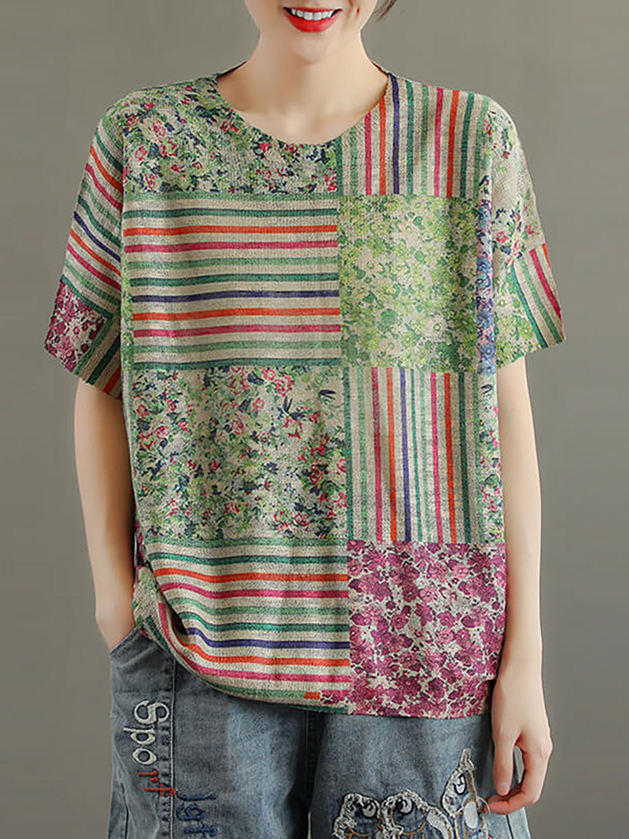 Maglietta da donna in cotone con cuciture floreali lavorate a maglia