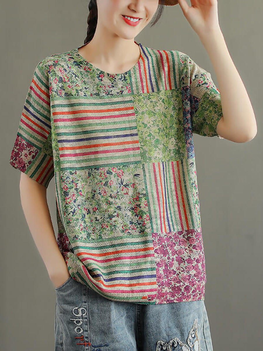 Maglietta da donna in cotone con cuciture floreali lavorate a maglia