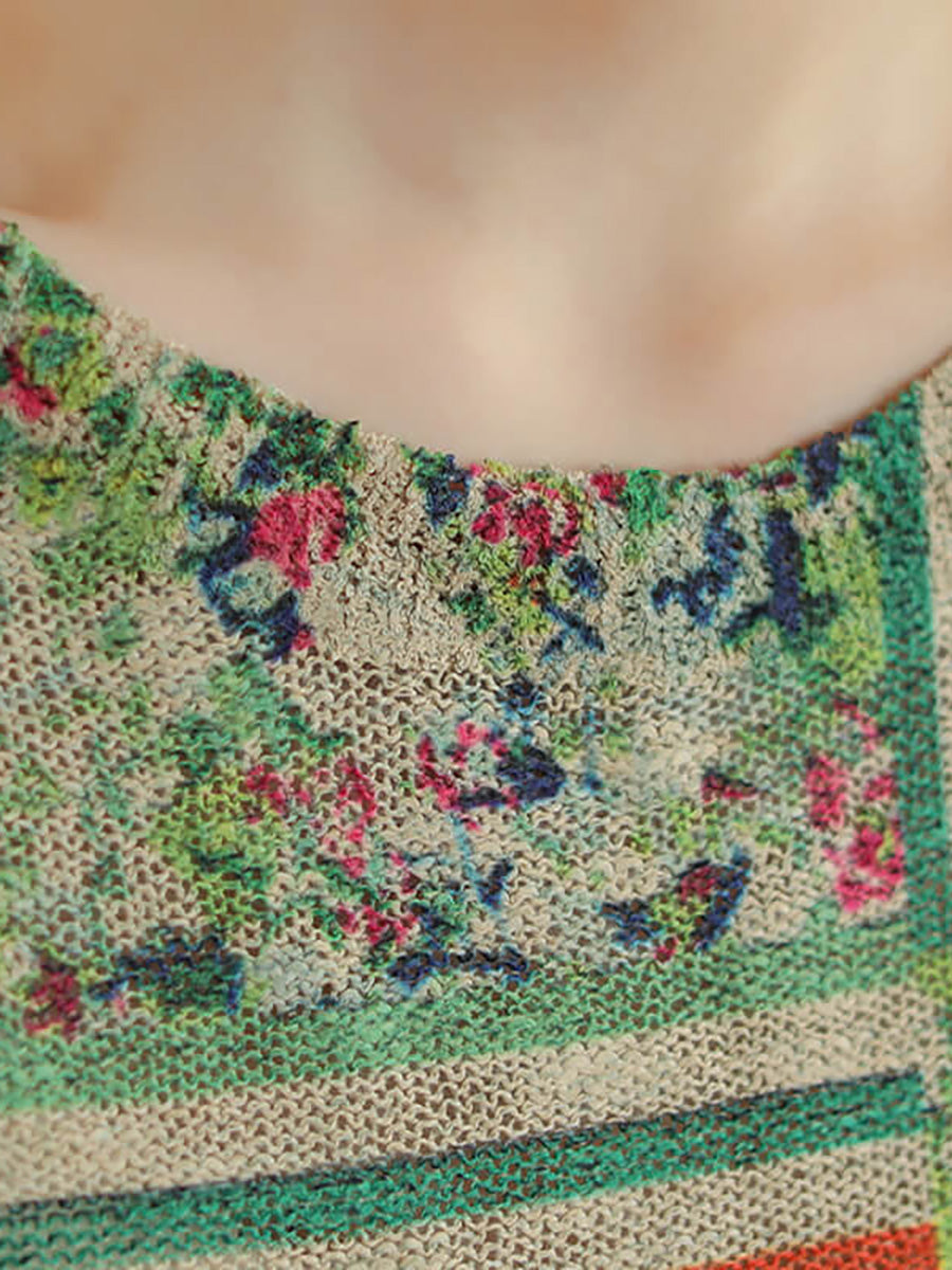 Maglietta da donna in cotone con cuciture floreali lavorate a maglia