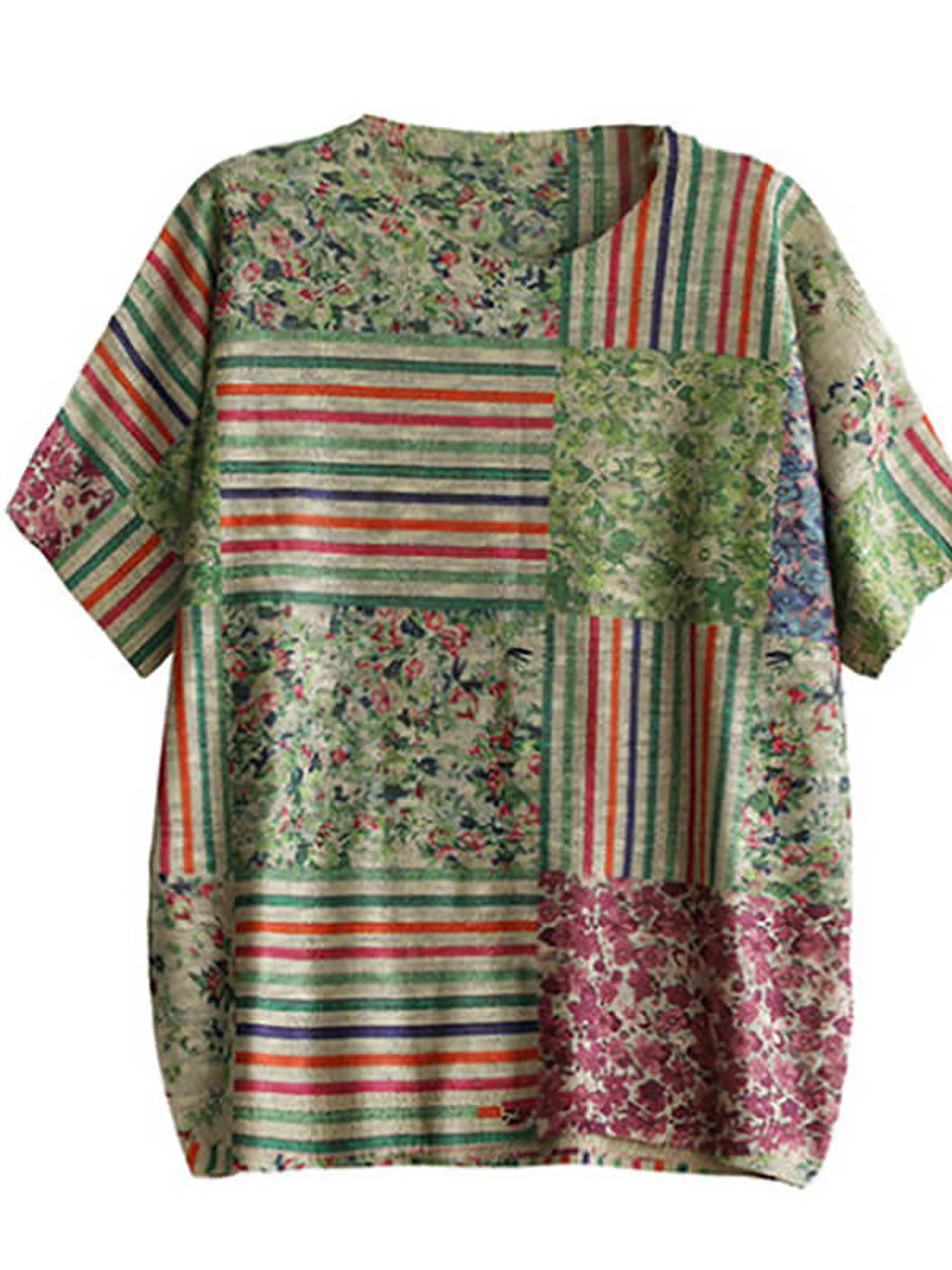 Maglietta da donna in cotone con cuciture floreali lavorate a maglia