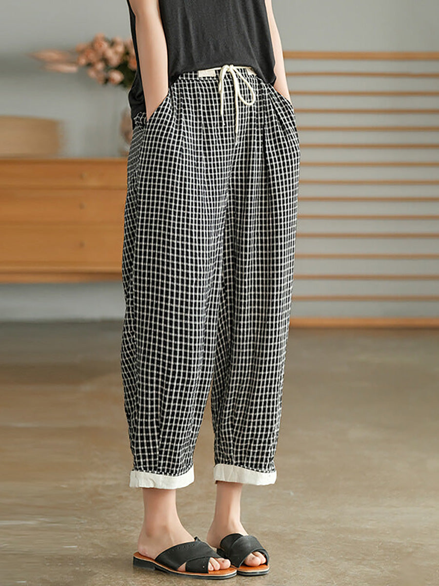 Pantalon décontracté à carreaux avec cordon de serrage et poche pour femme
