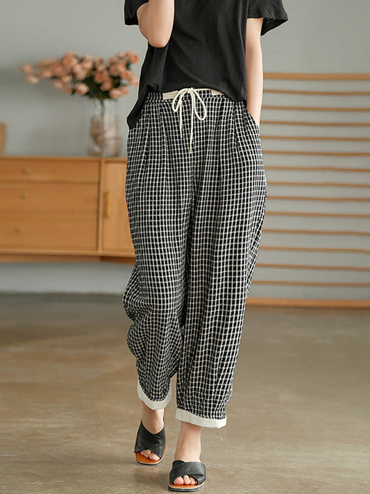 Pantaloni casual da donna con coulisse e tasca a quadri