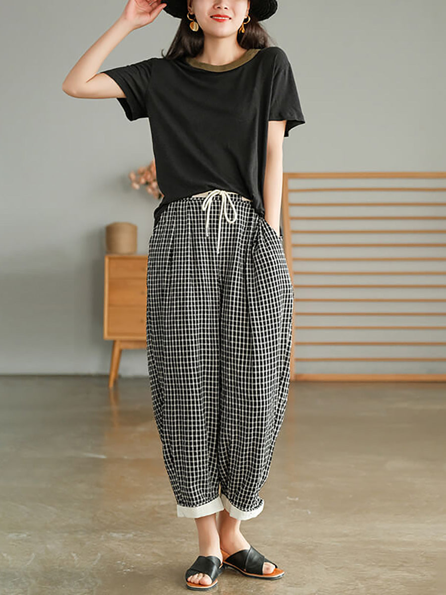 Pantalon décontracté à carreaux avec cordon de serrage et poche pour femme