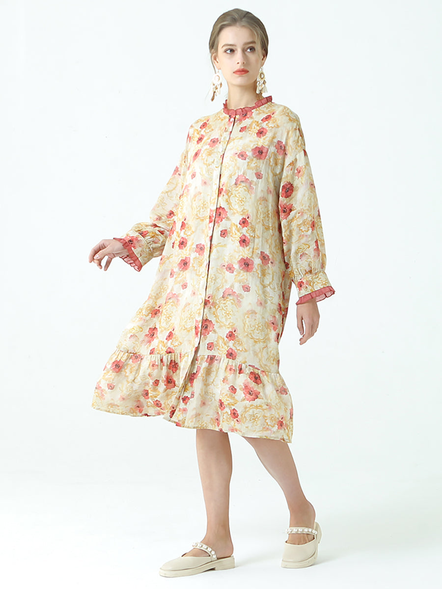Ramie Tencel Summer Pleated Long Sleeve Loose Dress