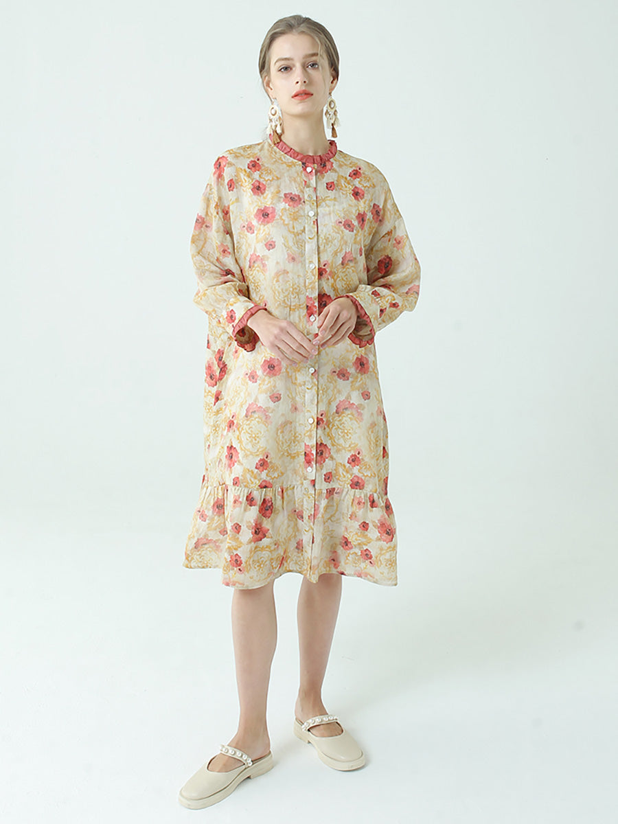 Ramie Tencel Summer Pleated Long Sleeve Loose Dress