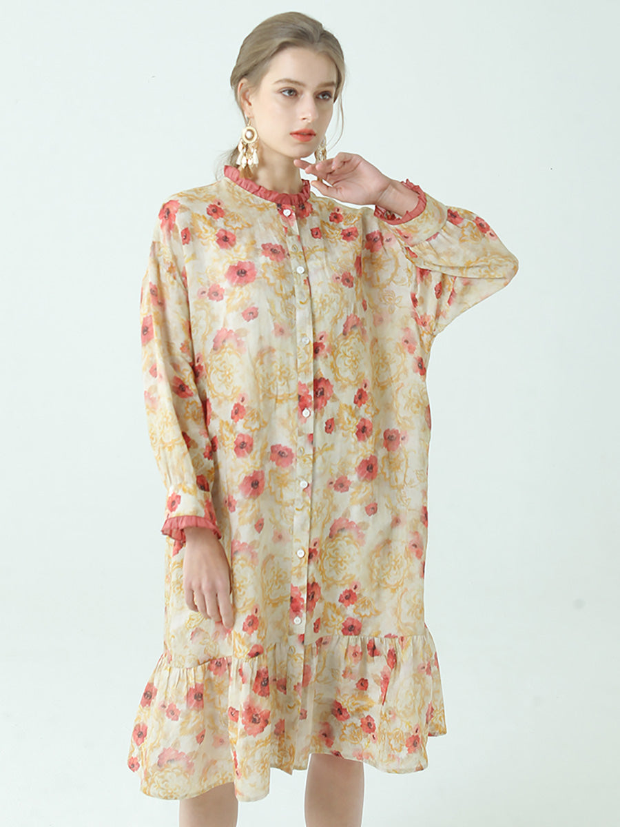 Ramie Tencel Summer Pleated Long Sleeve Loose Dress